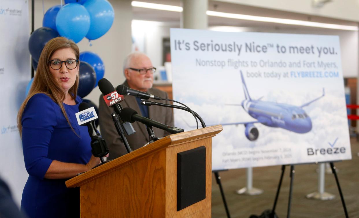 Breeze Airlines Chief Guest Officer Fiona Kiesel announces Wednesday, Aug. 7, 2024, that the airline will begin air service at South Bend International Airport with nonstop flights to Orlando on Nov. 5 and to Fort Myers on Feb. 5, 2025.