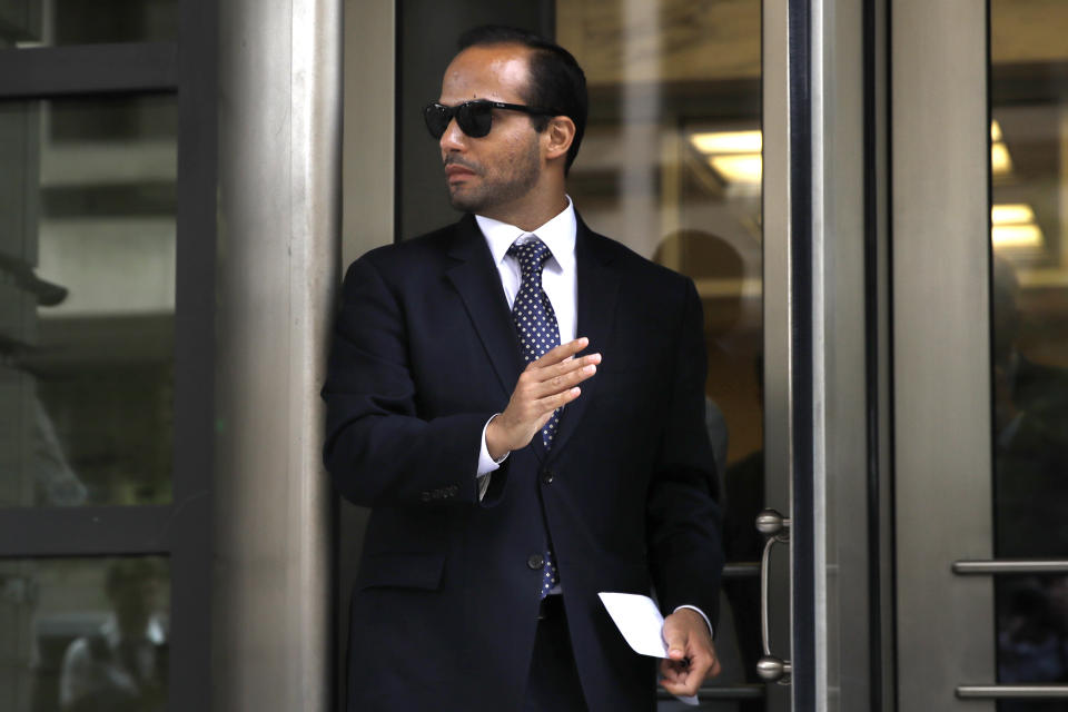 FILE - In this Friday, Sept. 7, 2018, file photo, former Donald Trump presidential campaign foreign policy adviser George Papadopoulos leaves federal court after he was sentenced to 14 days in prison, in Washington. (AP Photo/Jacquelyn Martin, File)