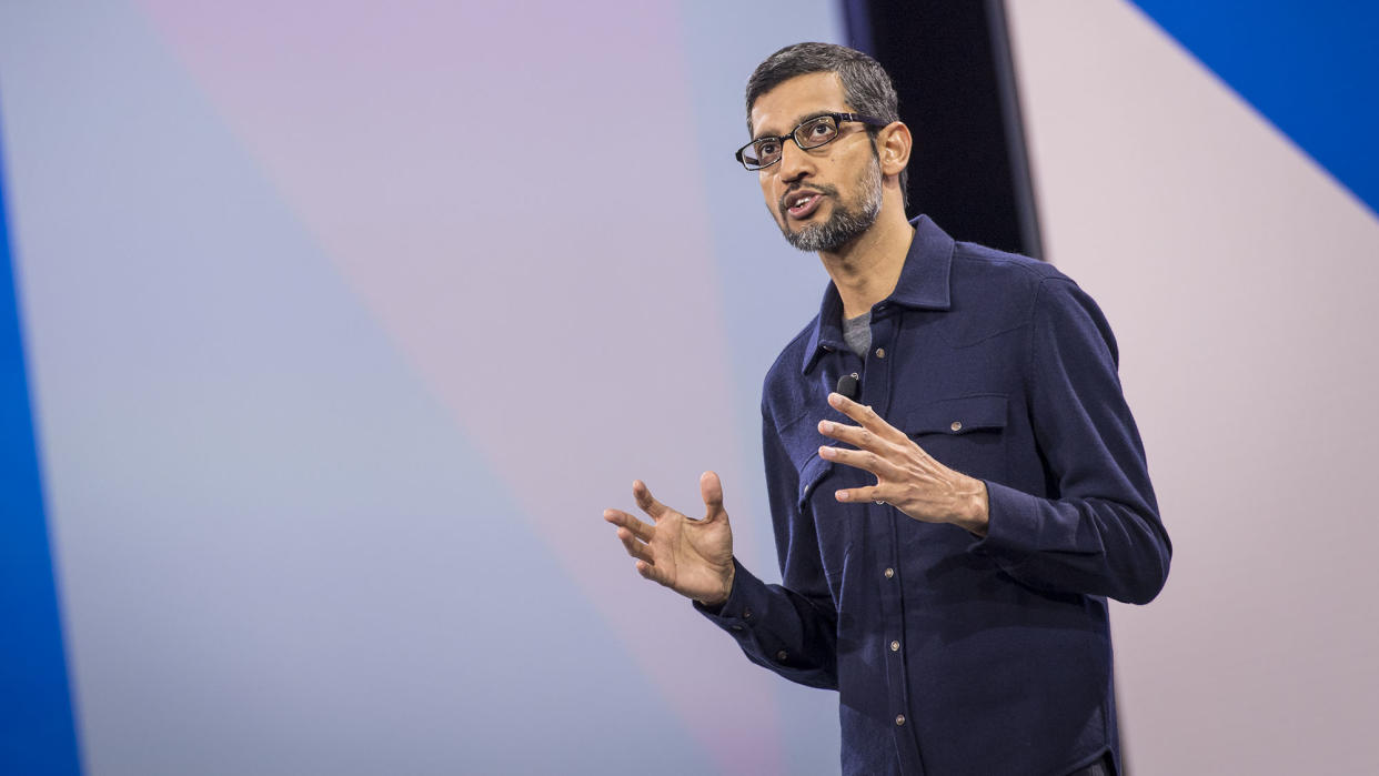  Sundar Pichai, chief executive officer of Google Inc., speaks during the company's Cloud Next '18 event in San Francisco, California, U.S., on Tuesday, July 24, 2018 