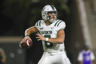 Portland State quarterback Davis Alexander (6) looks to throw a pass downfield during the first half of an NCAA college football game against Hawaii, Saturday, Sept. 4, 2021, in Honolulu. (AP Photo/Darryl Oumi)