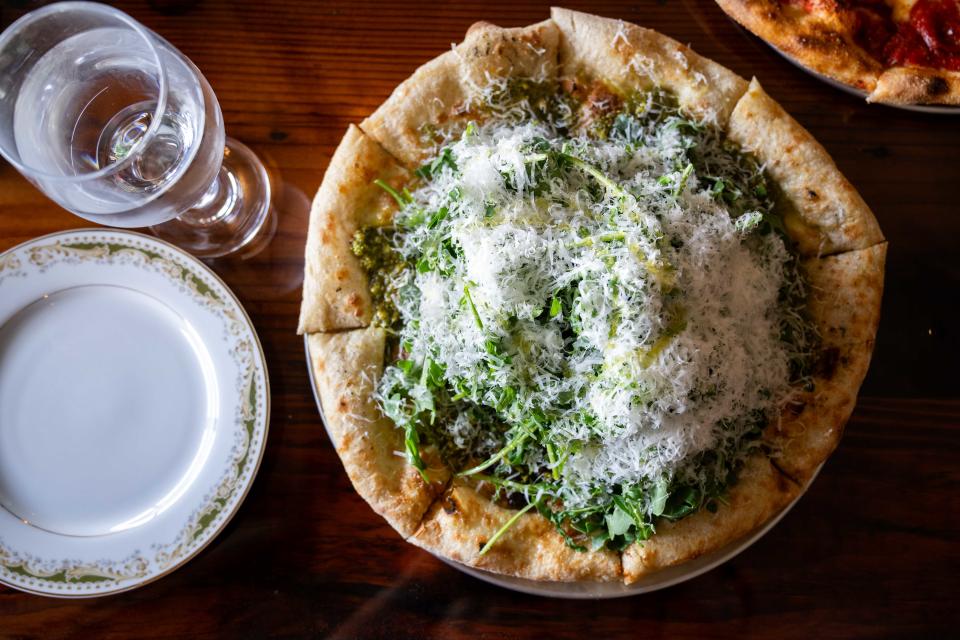 The greens pizza at Ciderhouse Restaurant at Wilson's Orchard comes with pistachio pesto, arugula and parmigiana reggiano.