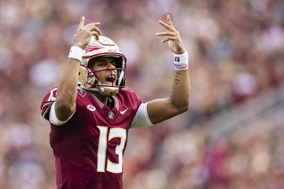 Florida State quarterback Jordan Travis is heading to the New York Jets in the NFL Draft. (Photo by James Gilbert/Getty Images)