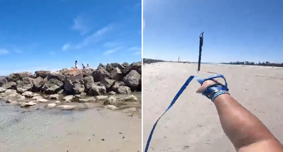 Left, the family on the rocks with the seal. Right, Chloe pointing to a sign warning them not to approach seals.