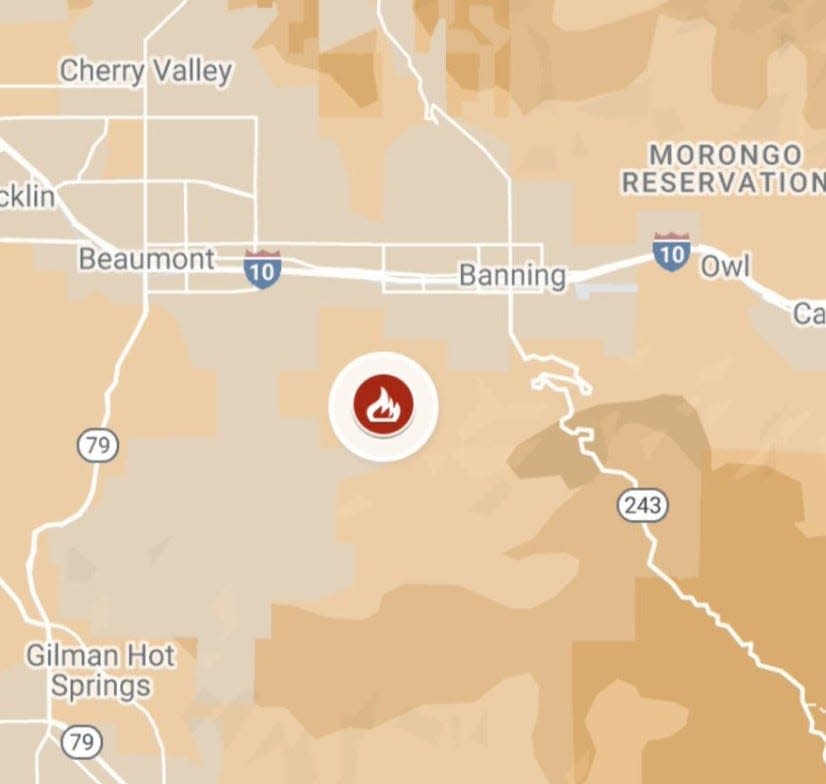 A map showing the general location of a fire that began burning south of Banning on Saturday.