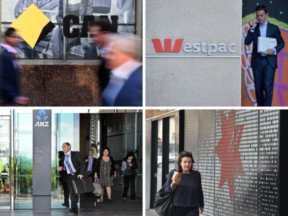 Images of staff or pedestrians walking past the big four banks.