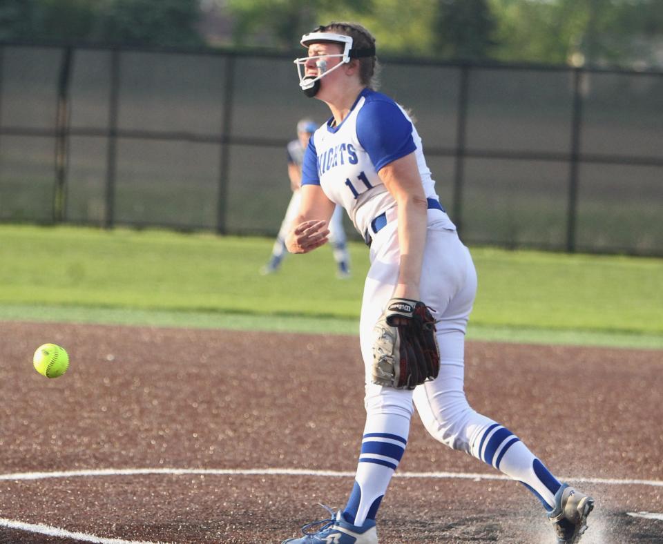 Oak Creek's Riley Grudzielanek fires a pitch during a WIAA sectional semifinal vs. Union Grove on Tuesday May 31, 2022 at East Middle School in Oak Creek. She allowed one hit in a 3-0 victory.