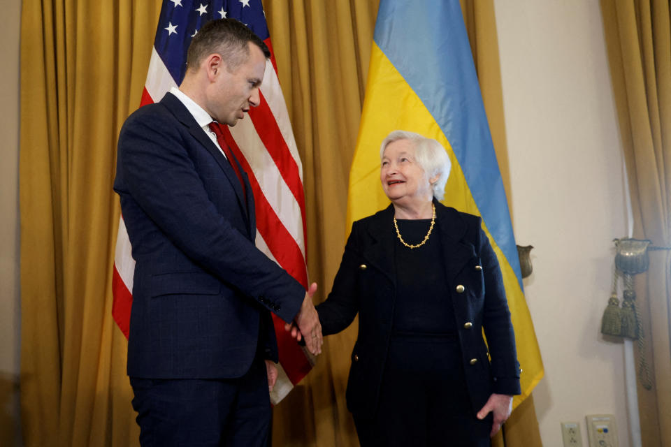U.S. Treasury Secretary Janet Yellen shakes hands with Ukraine's Finance Minister Serhiy Marchenko during a bilateral meeting at the U.S. Treasury Department in Washington, U.S. October 11, 2022. REUTERS/Jonathan Ernst