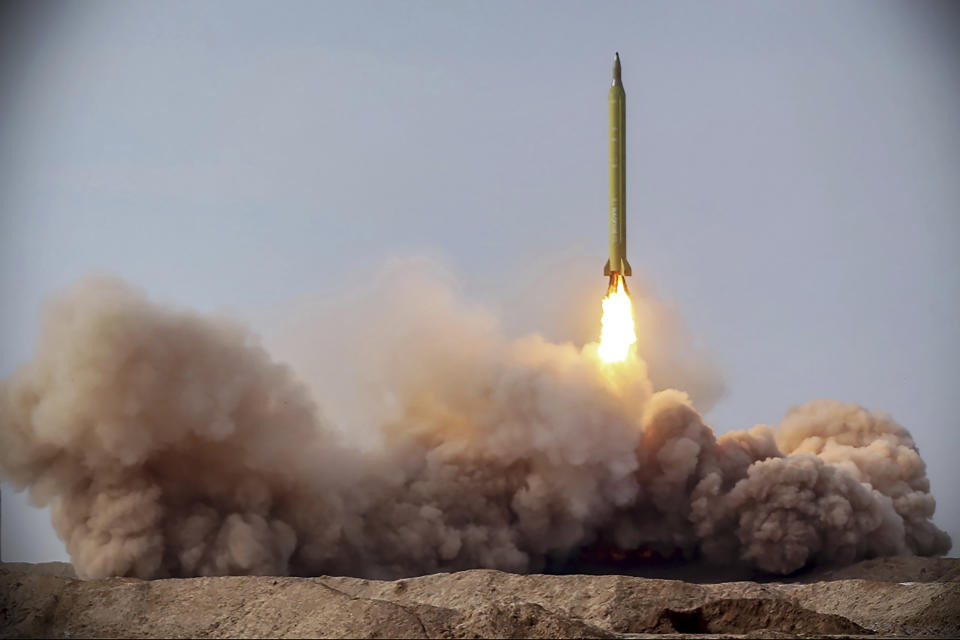 FILE - In this file photo released Jan. 16, 2021, by the Iranian Revolutionary Guard, a missile is launched in a drill in Iran. The Biden administration’s early efforts to resurrect the 2015 Iran nuclear deal are getting a chilly early response from Tehran. Though few expected a breakthrough in the first month of the new administration, Iran’s tough line suggests a difficult road ahead.(Iranian Revolutionary Guard/Sepahnews via AP, File)