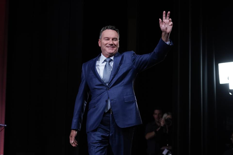 FILE - Tim Michels is introduced at a televised Wisconsin Republican gubernatorial debate July 24, 2022, in Milwaukee. (AP Photo/Morry Gash, File)