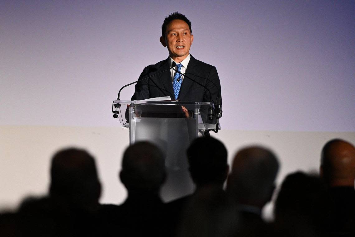 Kris Takamoto, executive vce president of Panasonic Energy, spoke after Kansas Gov. Laura Kelly announced details of a plan to build $4 billion Panasonic EV battery plant near DeSoto at the Townsite Tower in Topeka Wednesday, July 12, 2022.