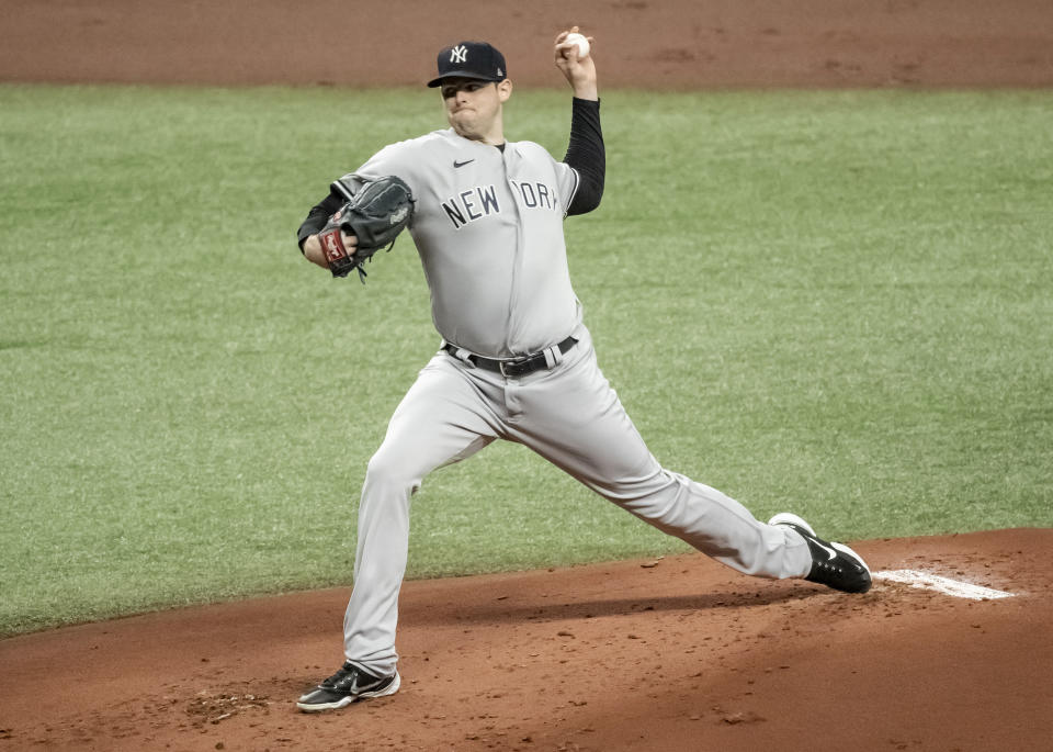 New York Yankees starter Jordan Montgomery pitches against the Tampa Bay Rays during the first inning of a baseball game Tuesday, May 11, 2021, in St. Petersburg, Fla. (AP Photo/Steve Nesius)