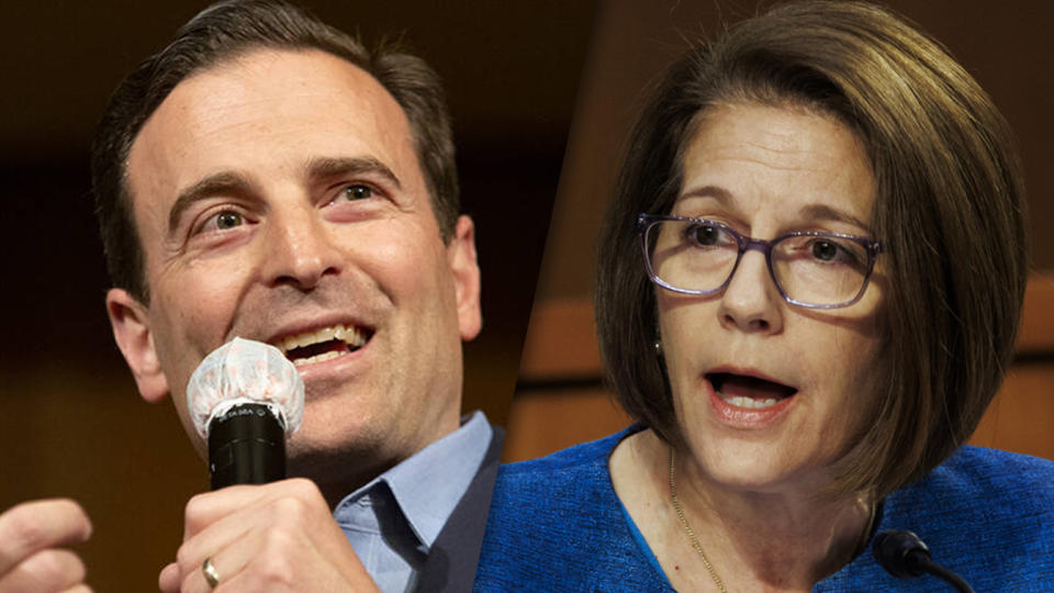 Adam Laxalt and Sen. Catherine Cotez Masto. (Photo illustration: Yahoo News; photos: Ellen Schmidt/Las Vegas Review-Journal via Getty Images, Ting Shen/Bloomberg via Getty Images)