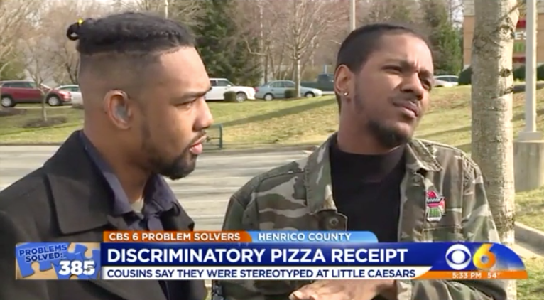 Marcus Robertson and Rosman Harris are awaiting an apology from Little Caesars. (Photo: WTVR)