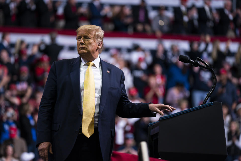 FILE - In this Feb. 20, 2020, file photo President Donald Trump speaks during a campaign rally at The Broadmoor World Arena in Colorado Springs, Colo. President Donald Trump has a new pitch to voters for this fall: Trust me. (AP Photo/Evan Vucci, File)