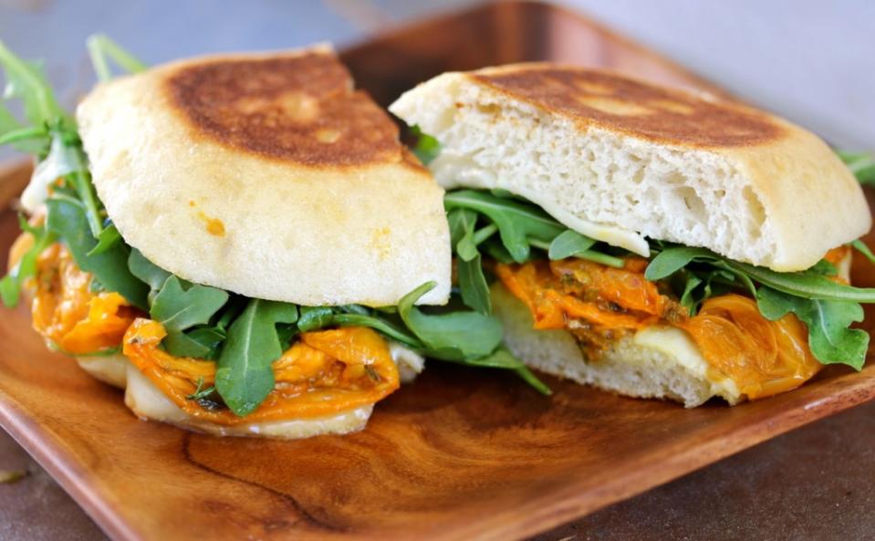 Grilled Cheese with Smoked Mozzarella, Roasted Tomatoes, and Arugula