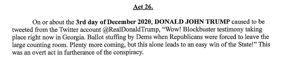 Tweet from @realDonaldTrump mentioned in the Georgia indictment