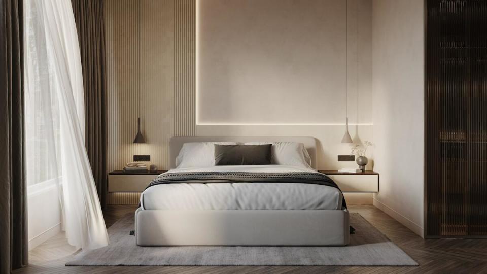 As an accent wall in a neutral-hued bedroom, Nacre delivers subtle dimensionality