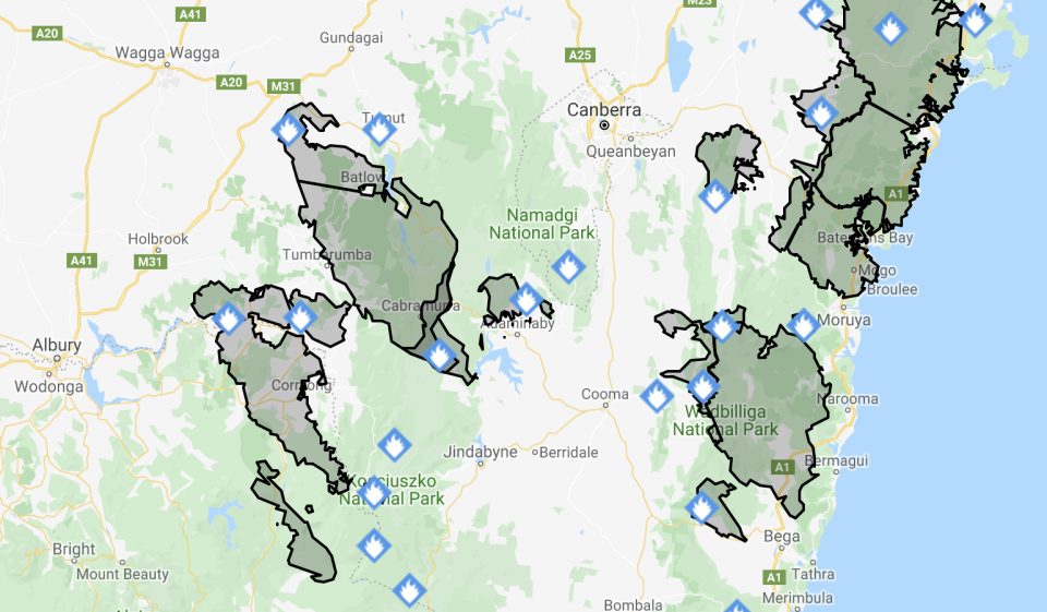 A map showing where NSW bushfires are still raging. Source: NSW RFS