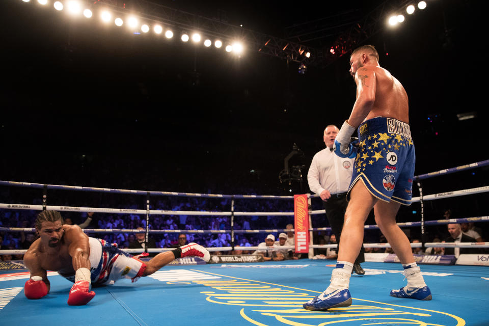 David Haye on the canvas after being knocked down by Tony Bellew