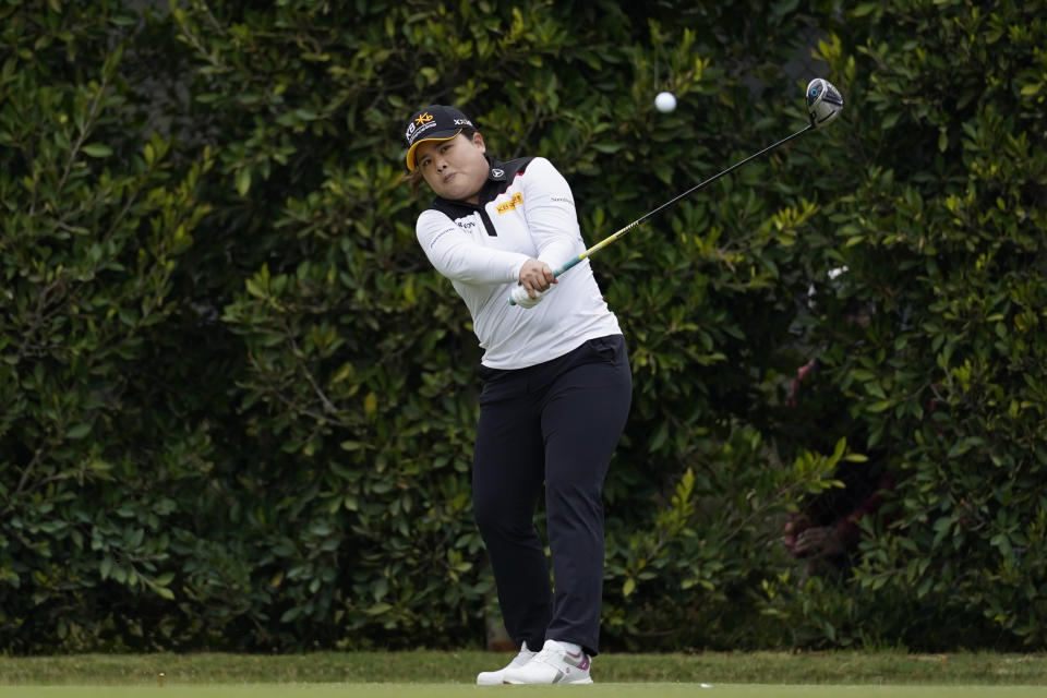 Inbee Park tees off at the second hole during the second round of the LPGA's Hugel-Air Premia LA Open golf tournament at Wilshire Country Club Thursday, April 22, 2021, in Los Angeles. (AP Photo/Ashley Landis)