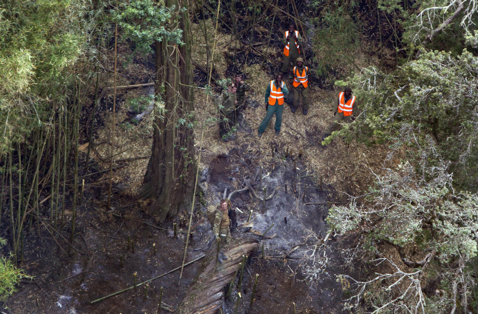 Members of the British military, working with Kenyan Wildlife Service workers wearing high-visibility orange jackets, gesture to indicate their success at extinguishing an area of wild fire, to an over-flying helicopter carrying park officials and the media, on the slopes of Mount Kenya, the second-highest peak in Africa at 5,199 meters (17,057 feet), in Kenya Tuesday, March 20, 2012. Fires that have been raging across Mount Kenya may have been set by poachers trying to create a diversion from their illegal attacks on animals, a wildlife official said Tuesday. (AP Photo/Ben Curtis)