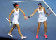 Tennis - Fed Cup Final - France v Czech Republic - Strasbourg, France - 13/11/16 France's Caroline Garcia and Kristina Mladenovic during their match against Czech Republic's Karolina Pliskova and Barbora Strycova. REUTERS/Vincent Kessler