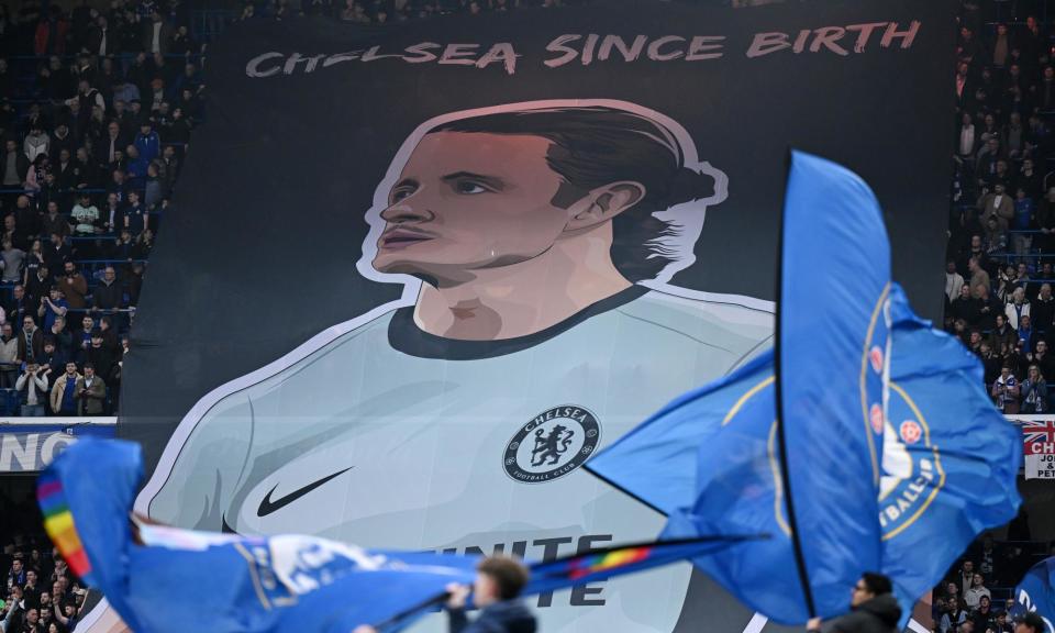 <span>Chelsea supporters unfurl a banner showing their support for Conor Gallagher before the 2-0 victory over Tottenham at Stamford Bridge.</span><span>Photograph: Mike Hewitt/Getty Images</span>