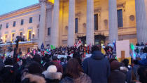 Hundreds of demonstrators gather in front of the Manitoba legislature for an Idle No More rally late Monday afternoon.