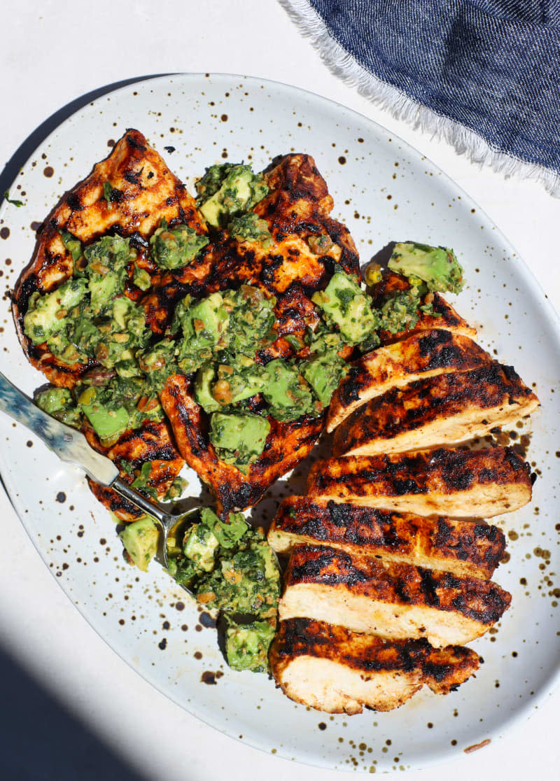 Grilled Chicken Cutlets with Pistachio-Avocado Relish 