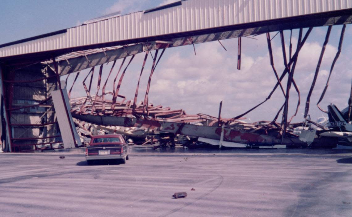 Hangars were ripped apart by Hurricane Andrew at Kendall-Tamiami Executive Airport in August 1992.
