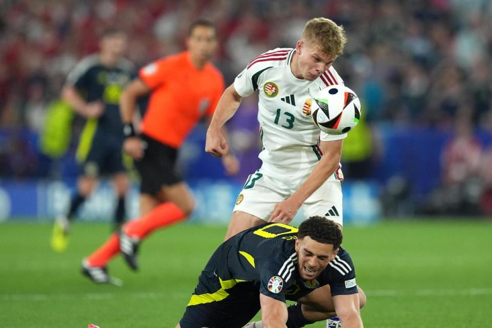 Hungary's Andras Schafer and Scotland's Che Adams battle for the ball during the UEFA EURO 2024 Group A match <i>(Image: PA)</i>