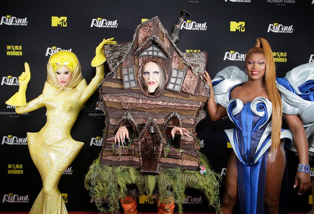 <p>Santiago Felipe/Getty</p> Nymphia Wind, Plane Jane and Sapphira Cristal attend 'RuPaul's Drag Race' season 16 finale screening