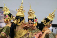 Dancers get ready backstage before a performance of masked theatre known as Khon which was recently listed by UNESCO, the United Nations' cultural agency, as an intangible cultural heritage, along with neighbouring Cambodia's version of the dance, known as Lakhon Khol at the Thailand Cultural Centre in Bangkok, Thailand November 7, 2018. REUTERS/Jorge Silva