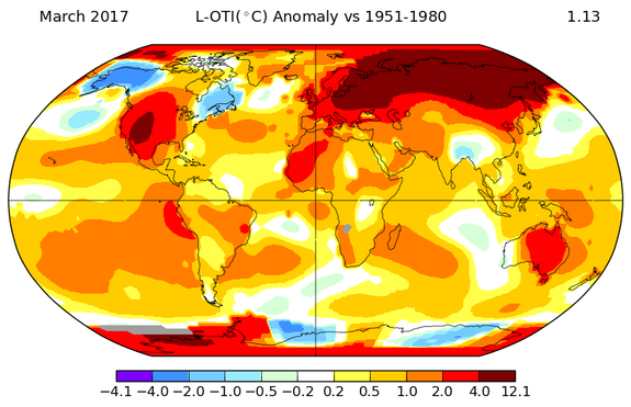 Global average temperature departures from average in March 2017.