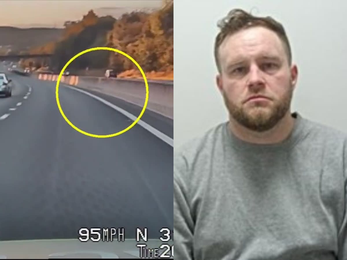 Kieran Philibin, 36, was filmed driving in his blue Ford Fiesta on the wrong side of the M65. (Lancashire Police)