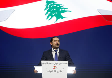 FILE PHOTO: Lebanon's Prime Minister Saad al-Hariri addresses his supporters during a commemoration ceremony marking the 13th anniversary of the assassination of his father in Beirut, Lebanon February 14, 2018. REUTERS/Mohamed Azakir/File Photo