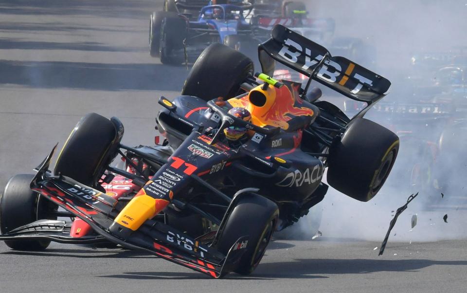 Sergio Perez crashes out in the opening lap of his home Mexican Grand Prix