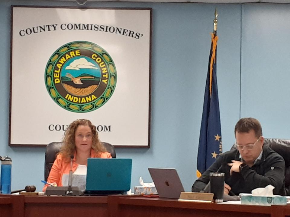 Delaware County Council President Jessica Piper, left, and council member Matt Kantz, listen Tuesday to discussion about the possibility of rescinding tax abatement for proposed utility-scale solar development in northern Delaware County.