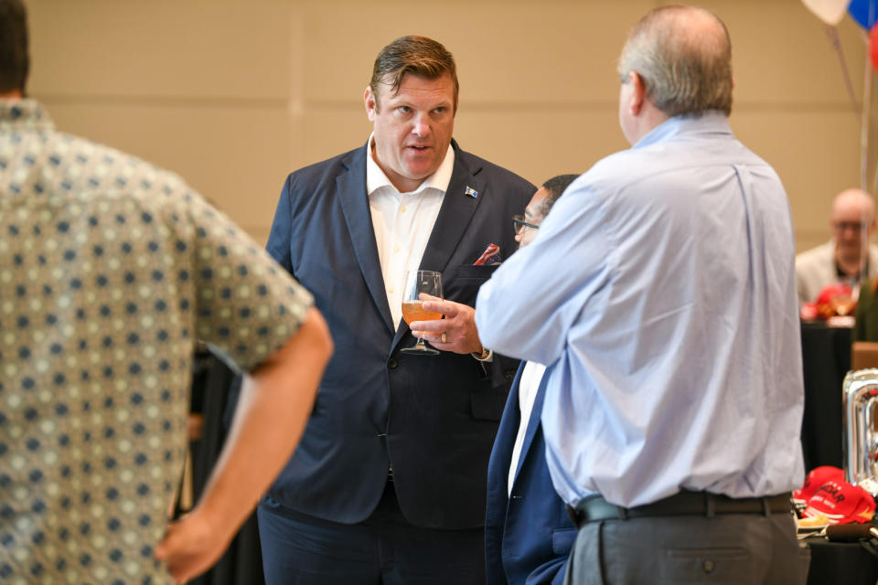  U.S. House District 4 candidate Paul Bondar talks with guests on Tuesday at his primary watch party at NOUN Hotel in Norman. (Photo by Kyle Phillips/For Oklahoma Voice)