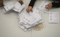 Ballot papers are verified during the count at Islington Town Hall for the Islington North and South constituencies for the 2019 General Election, Thursday Dec. 12, 2019. An exit poll in Britain’s election projects that Prime Minister Boris Johnson’s Conservative Party likely will win a majority of seats in Parliament. That outcome would allow Johnson to fulfil his plan to take the U.K. out of the European Union next month. (Joe Giddens/PA via AP)