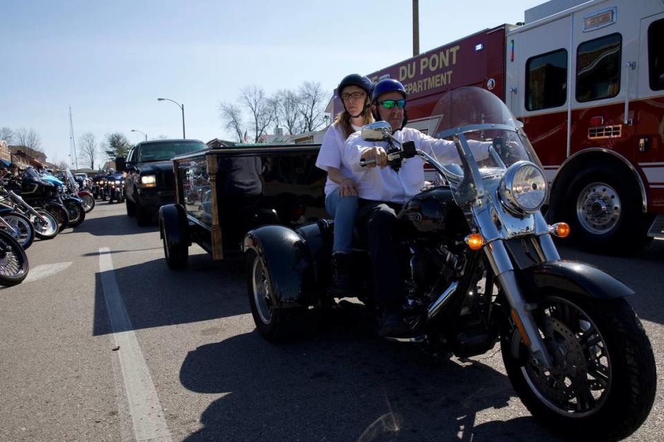 Motorcyclists from the metro-east and eastern Missouri ride through St. Louis to Cedar Hill in a procession March 3, 2024. The group was leading the funeral procession for Sharli Edmonds and Chad Metcalf, who died in a house fire in Cahokia Heights on Feb. 24. Joshua Carter/Belleville News-Democfrat