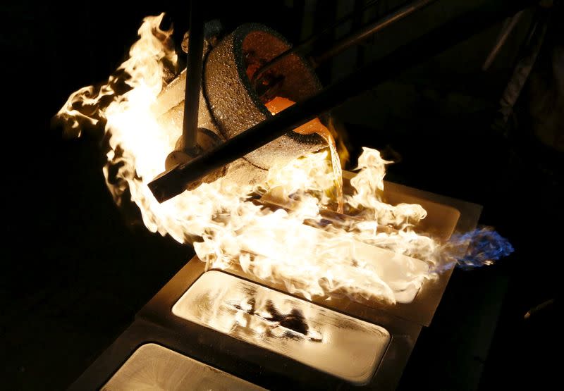 FILE PHOTO: Ingots of 99.99 percent pure silver are cast at the Krastsvetmet Krasnoyarsk non-ferrous metals plant in the Siberian city of Krasnoyarsk, Russia