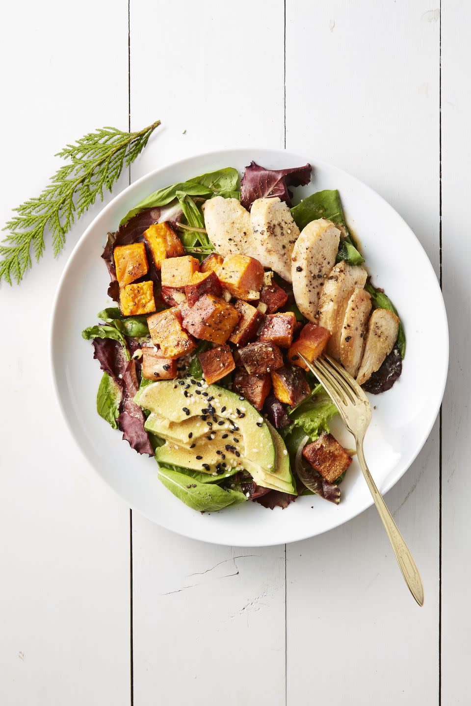 <p>So many whole veggies it could make a nutritionist weep with pride. </p><p>Get the <strong><a href="https://www.goodhousekeeping.com/food-recipes/easy/a42180/roasted-sweet-potato-and-chicken-salad-recipe/" rel="nofollow noopener" target="_blank" data-ylk="slk:Roasted Sweet Potato and Chicken Salad recipe;elm:context_link;itc:0;sec:content-canvas" class="link ">Roasted Sweet Potato and Chicken Salad recipe</a></strong>.<br></p>