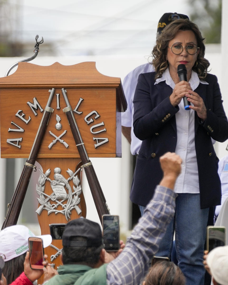 Sandra Torres, presidential candidate of UNE party, delivers her speech to Guatemalan Army veterans during a meeting in Guatemala City, Tuesday, Aug. 15, 2023. Torres will face Bernardo Arévalo of the Seed Movement party in an Aug. 20 runoff election. (AP Photo/Moises Castillo)