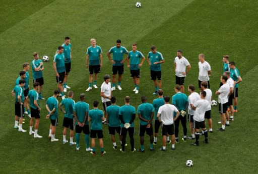 Germany's coach Joachim Loew (C) leads a training session at the Fisht Olympic Stadium in Sochi on June 22, on the eve of their Russia 2018 World Cup Group F match against Sweden