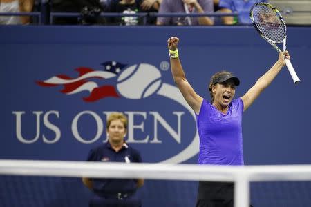 Sep 3, 2015; New York, NY, USA; Petra Cetkovska of the Czech Republic celebrates after her match against Caroline Wozniacki of Denmark (not pictured) on day four of the 2015 U.S. Open tennis tournament at USTA Billie Jean King National Tennis Center. Cetkovska won 6-4, 5-7, 7-6 (1). Mandatory Credit: Geoff Burke-USA TODAY Sports