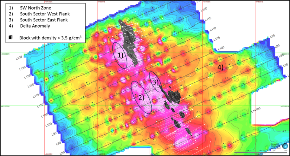 <strong>Figure 1 -</strong> Exploration Targets. Locations of targets is laid over Downward Continuity Bouguer gravity map (Downward Continued 60 m). Blocks from current MRE with densities above 3.5 g/cm3 are shown to highlight zones were the source of the anomalies is known.