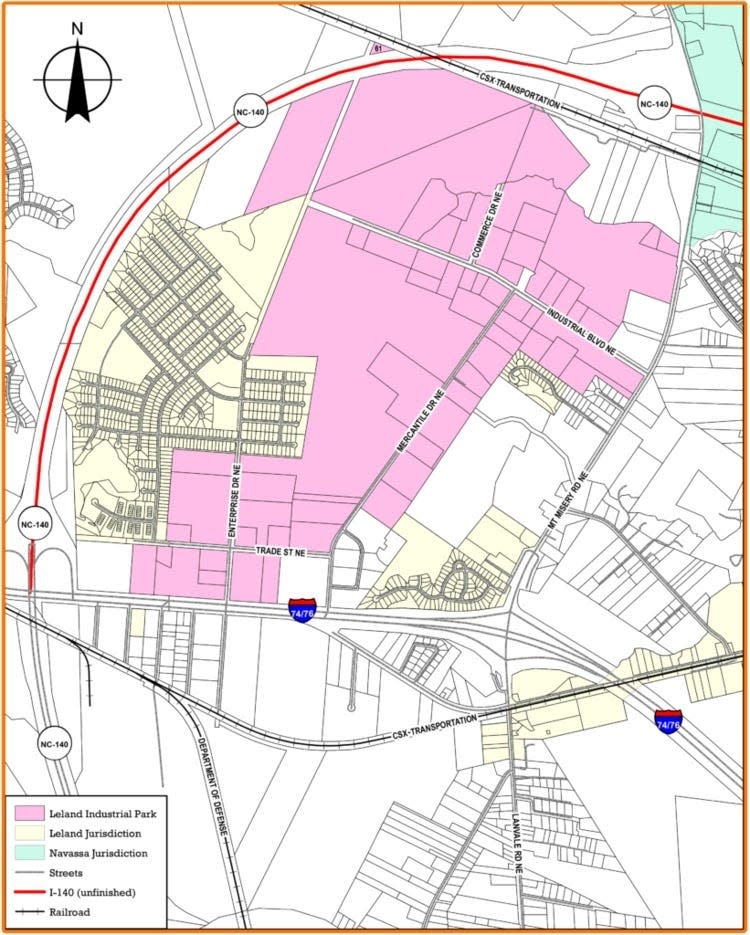 Leland Innovation Park, better known as Leland Industrial Park, is outlined in pink. The area just east of it, near Mount Misery Road, is also being developed as industrial property, while residential Windsor Park lies to the west. [COURTESY OF LELAND ECONOMIC DEVELOPMENT COMMITTEE]