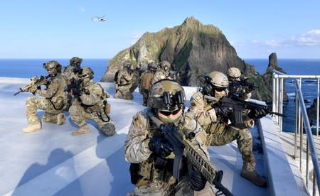 Members of South Korean Naval Special Warfare Group take part in a military exercise in remote islands called Dokdo