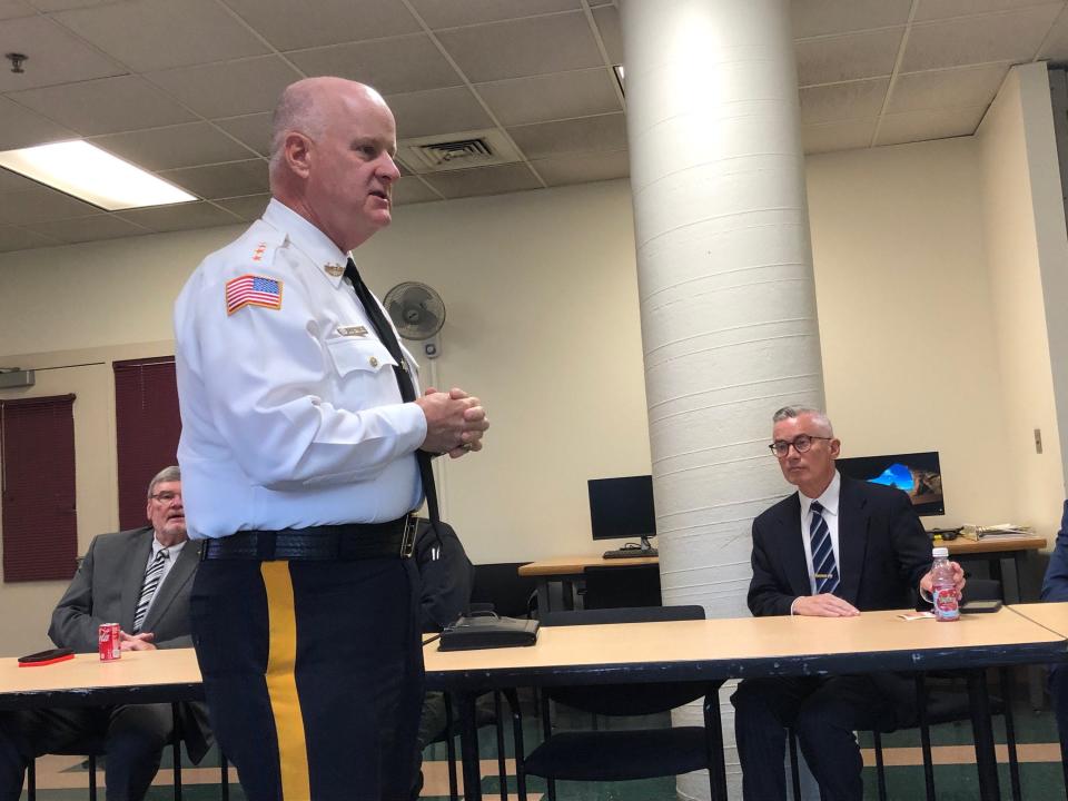 Jim McGreevey, right, chairman and executive director of the New Jersey Reentry Corporation and former New Jersey governor, looks on as Morris County Sheriff Jim Gannon discusses a partnership between the sheriff's office and the NJRC at the county correctional facility in Morristown Monday, Sept. 18, 2023.